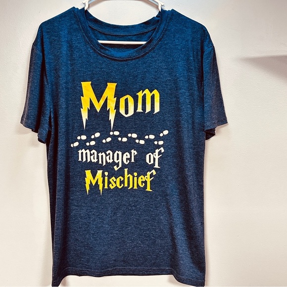 none Tops - 'Mom Manager of Mischief' short sleeve tee, Blue and Yellow, Large, EUC!